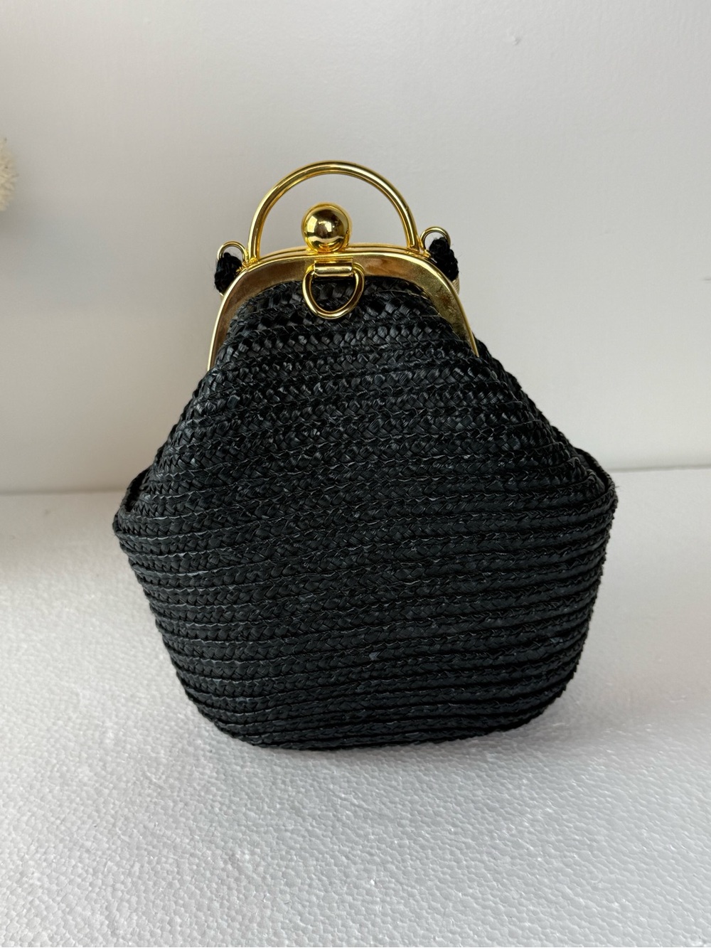 Black Straw Frame Handbag with Gold Hardware